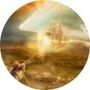 Man reaching toward a glowing object in a barren landscape; yellow, brown, and white colors.