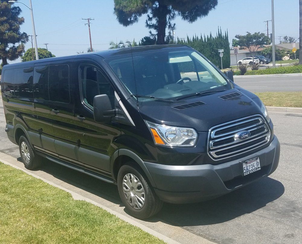 Black Ford Transit van parked on a street with a grassy curb on a sunny day.