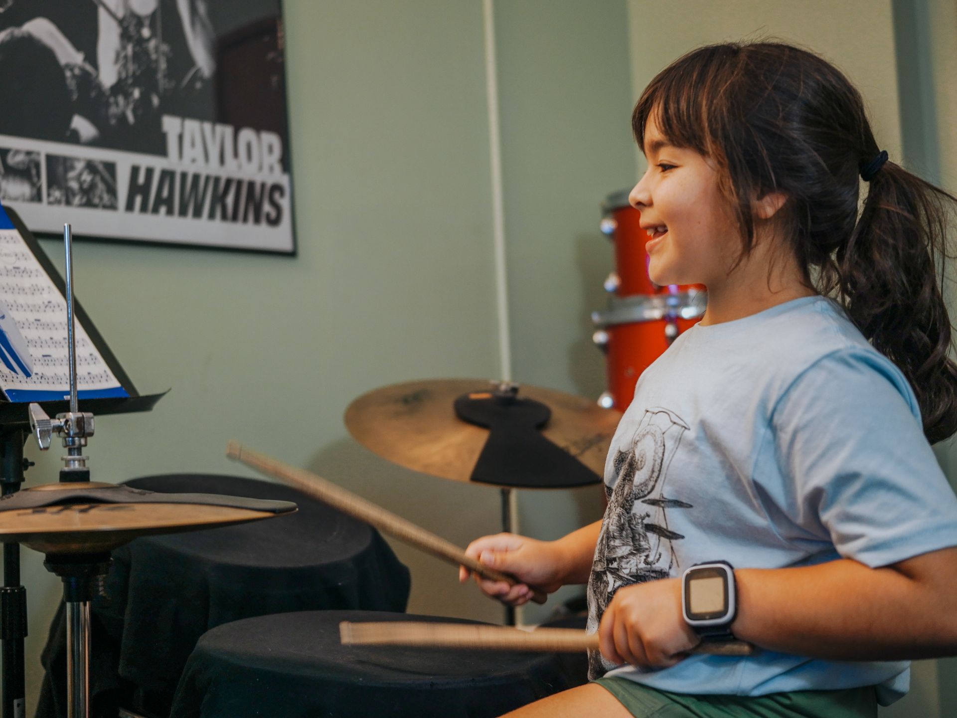 Young Girl Playing Drums — Pearl City, HI — Hawaii Musicworks — Aiea — Kapolei — Ewa Beach — Honolulu — Wahiawa — Waipahu — Mililani