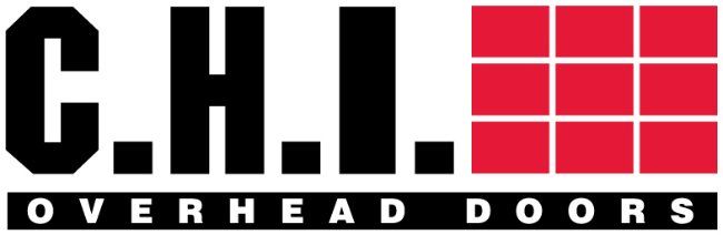 C.H.I. Overhead Doors logo in black and red with a red grid icon