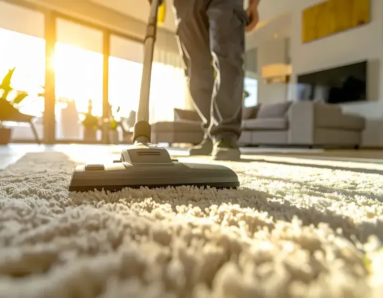 Person vacuuming a cream-colored rug in a sunny living room.