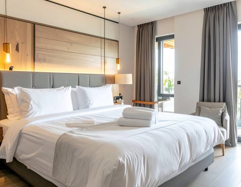 Bedroom with king bed, white linens, wood headboard, two pendant lights, and gray curtains.