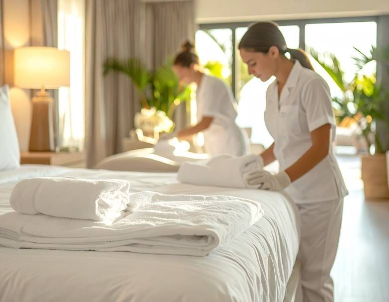 Two hotel housekeepers in white uniforms making a bed in a bright room.