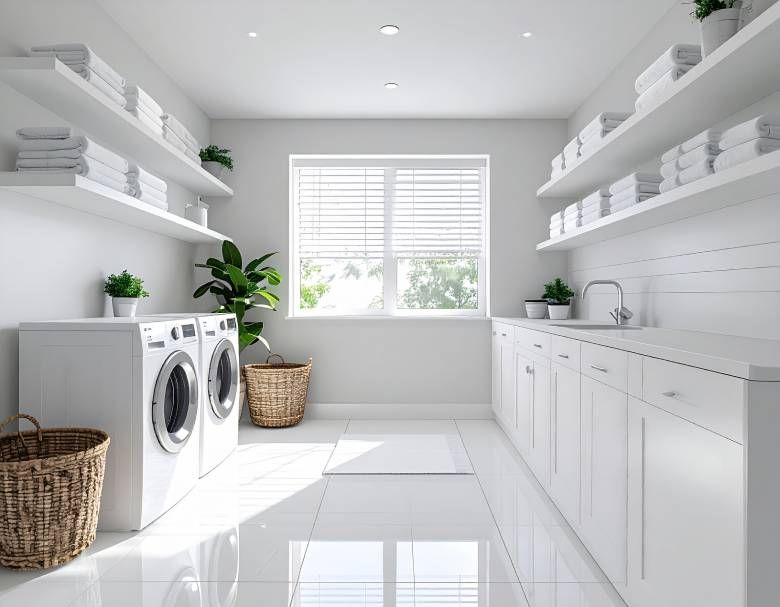 Bright, white laundry room with washer/dryer, shelves of folded towels, and a window with blinds.
