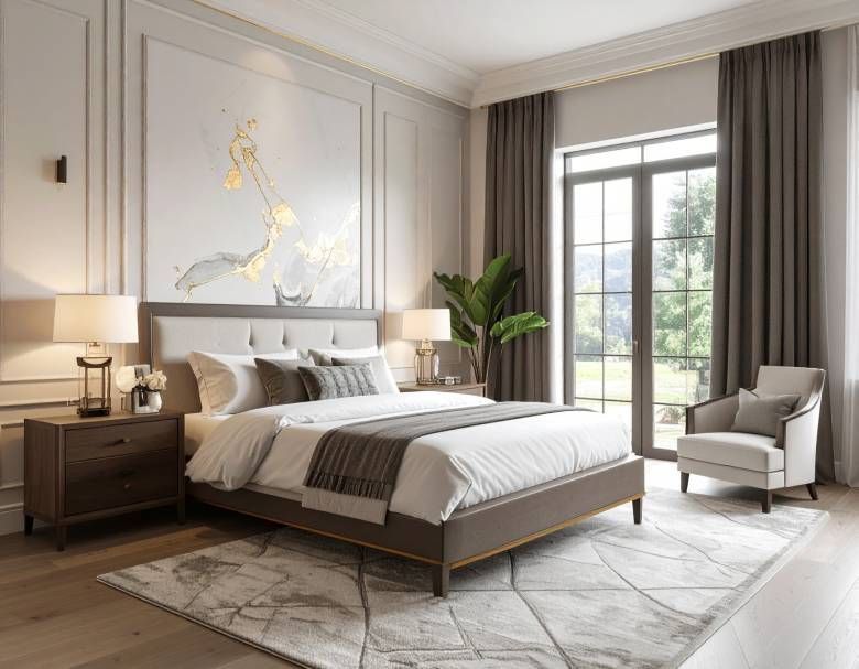 Elegant bedroom with bed, nightstands, chair, large window, and abstract wall art.