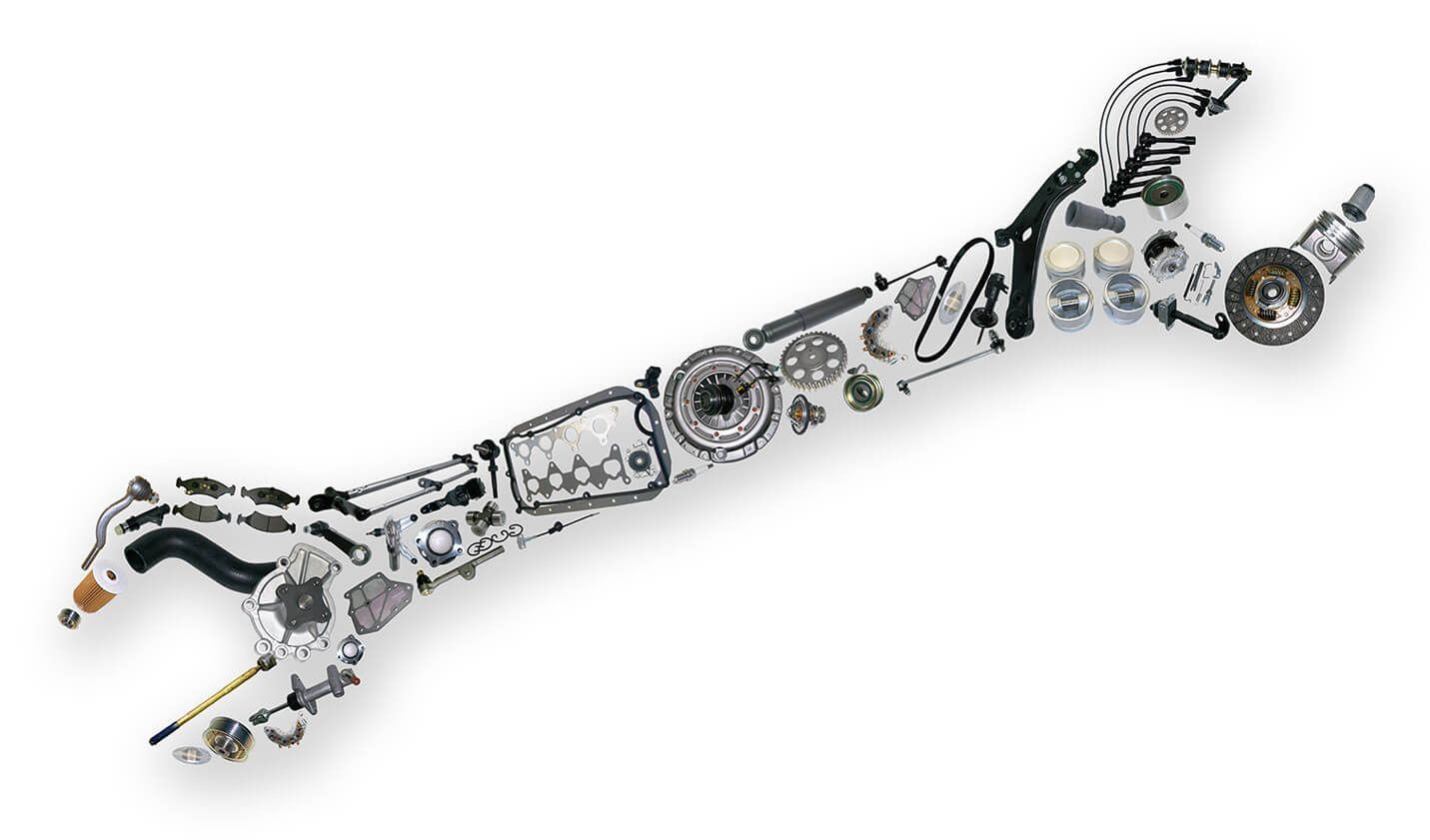 A wrench made out of parts on a white background