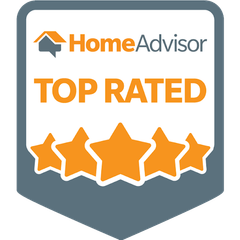 HomeAdvisor Top Rated badge with orange stars on a gray shield