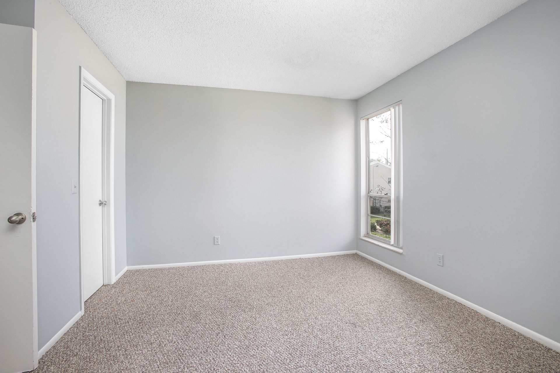 Empty gray bedroom with carpet, white door, and tall window letting in natural light