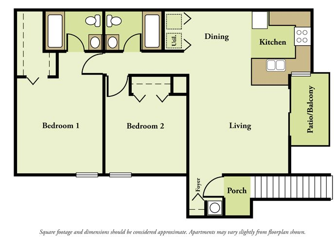 Floor plan of a small house with labeled rooms: two bedrooms, dining, kitchen, living, porch, and utility room
