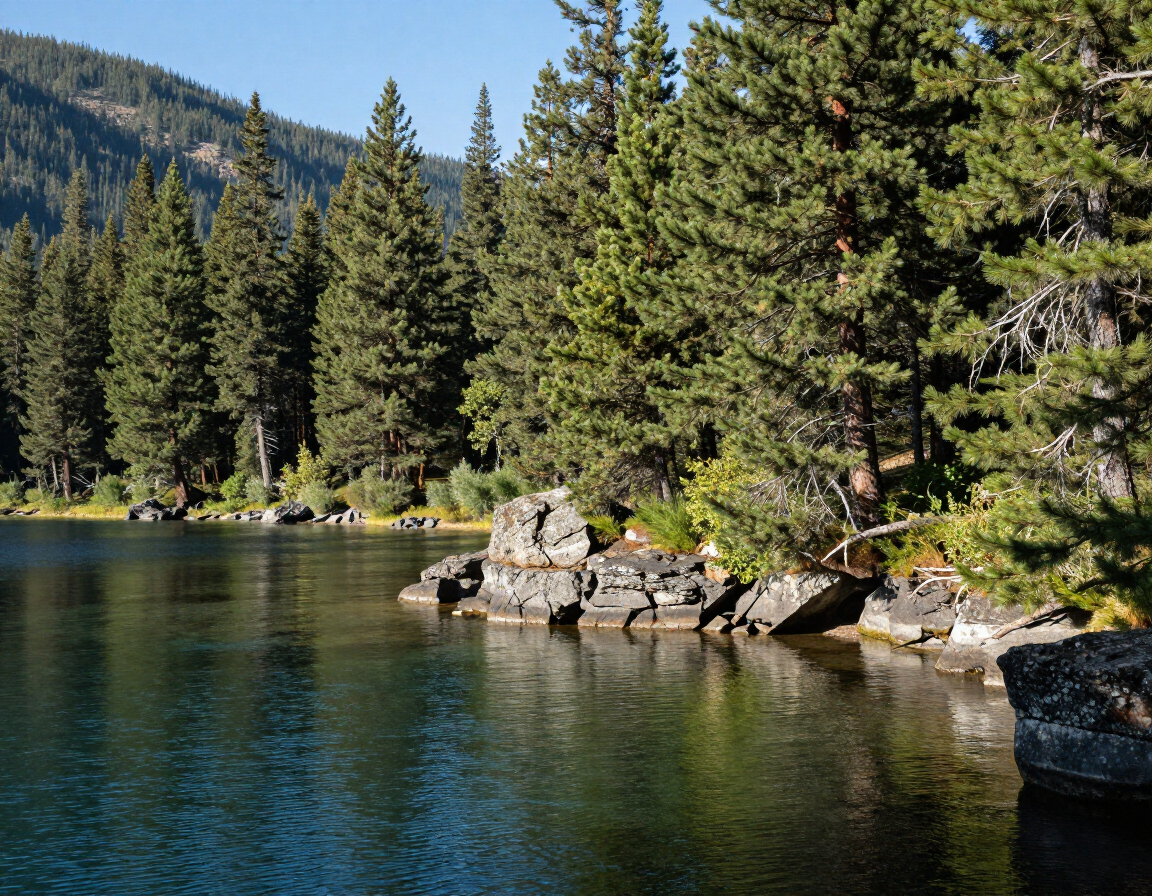 Clear mountain lake with evergreen forest and rocky shoreline under bright sunlight