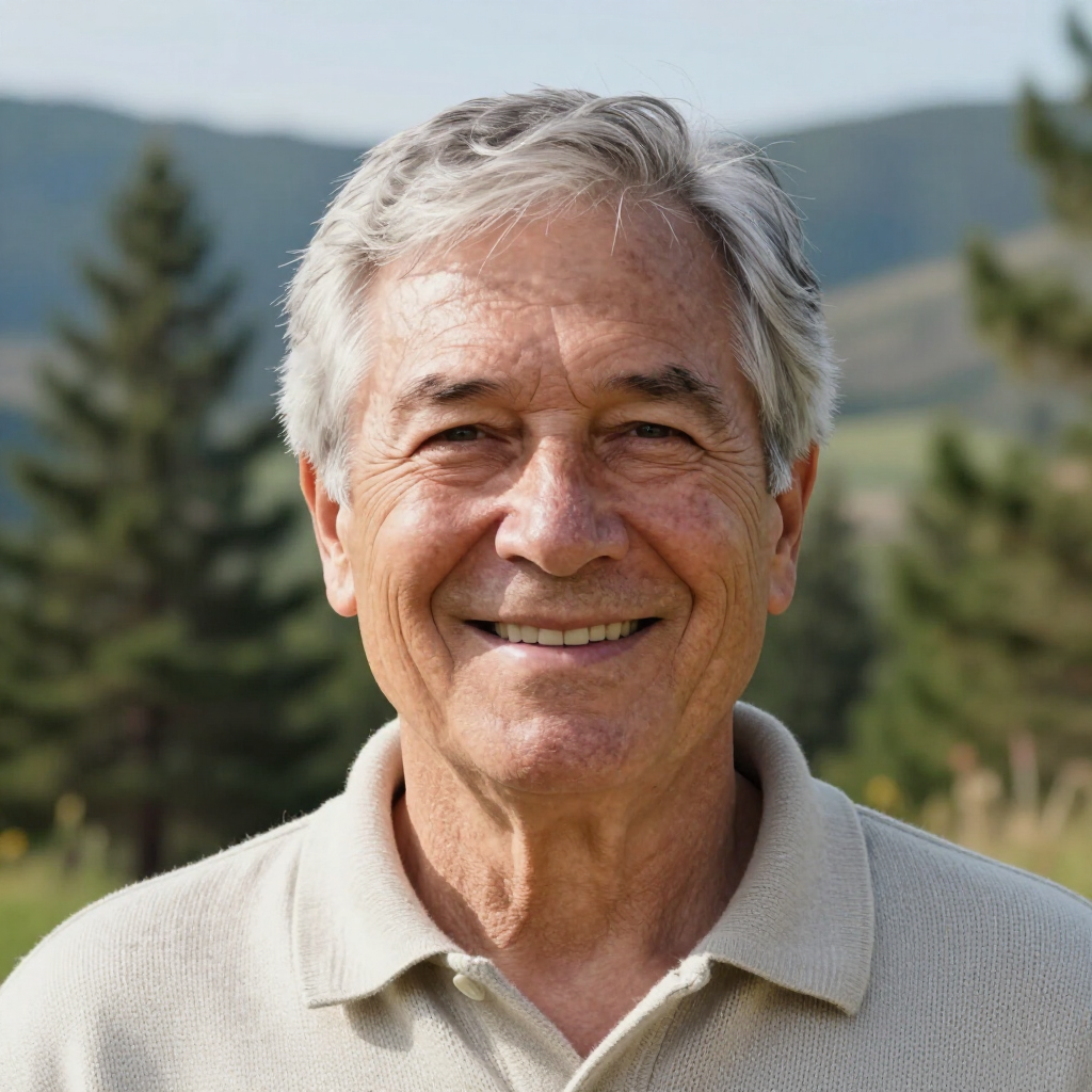 Smiling man in a light beige polo shirt outdoors with mountains and trees in the background
