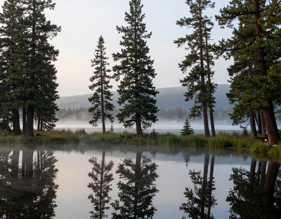 Calm lake reflecting tall pine trees at dawn with mist over distant hills