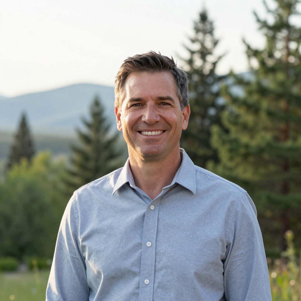 Smiling man in a light blue shirt standing outdoors with trees and mountains in the background