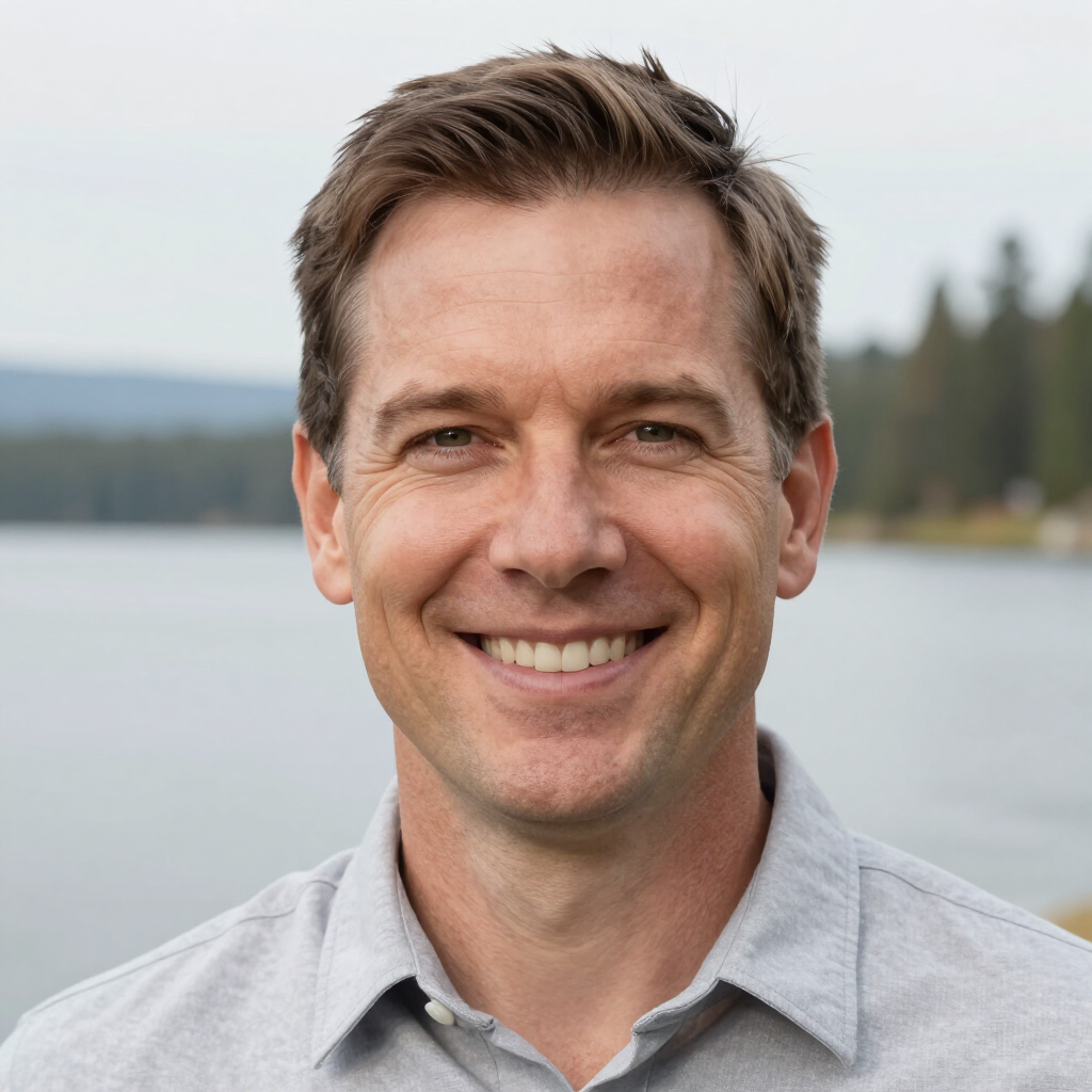 Smiling man in a gray shirt outdoors by a calm lake with trees in the background