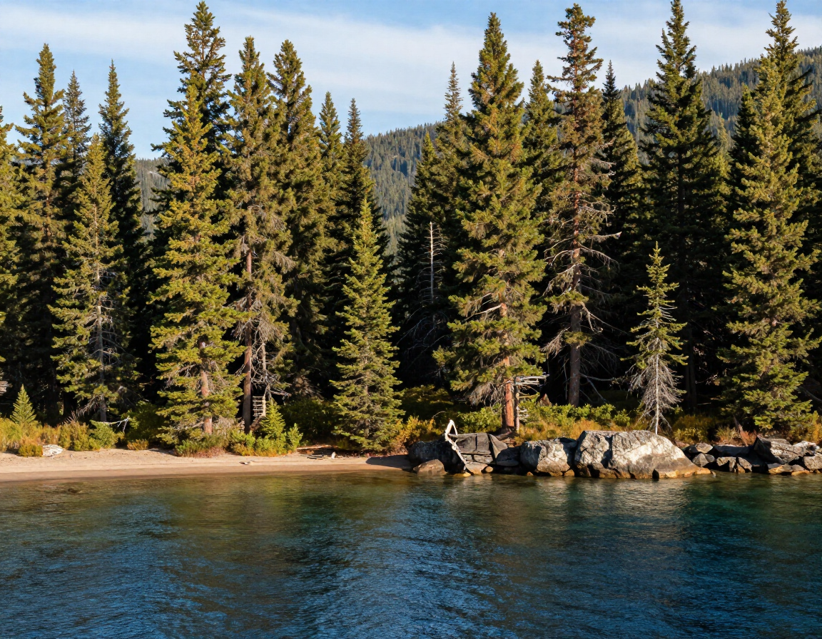Clear blue lake beside a pine forest and rocky shoreline under a bright sky