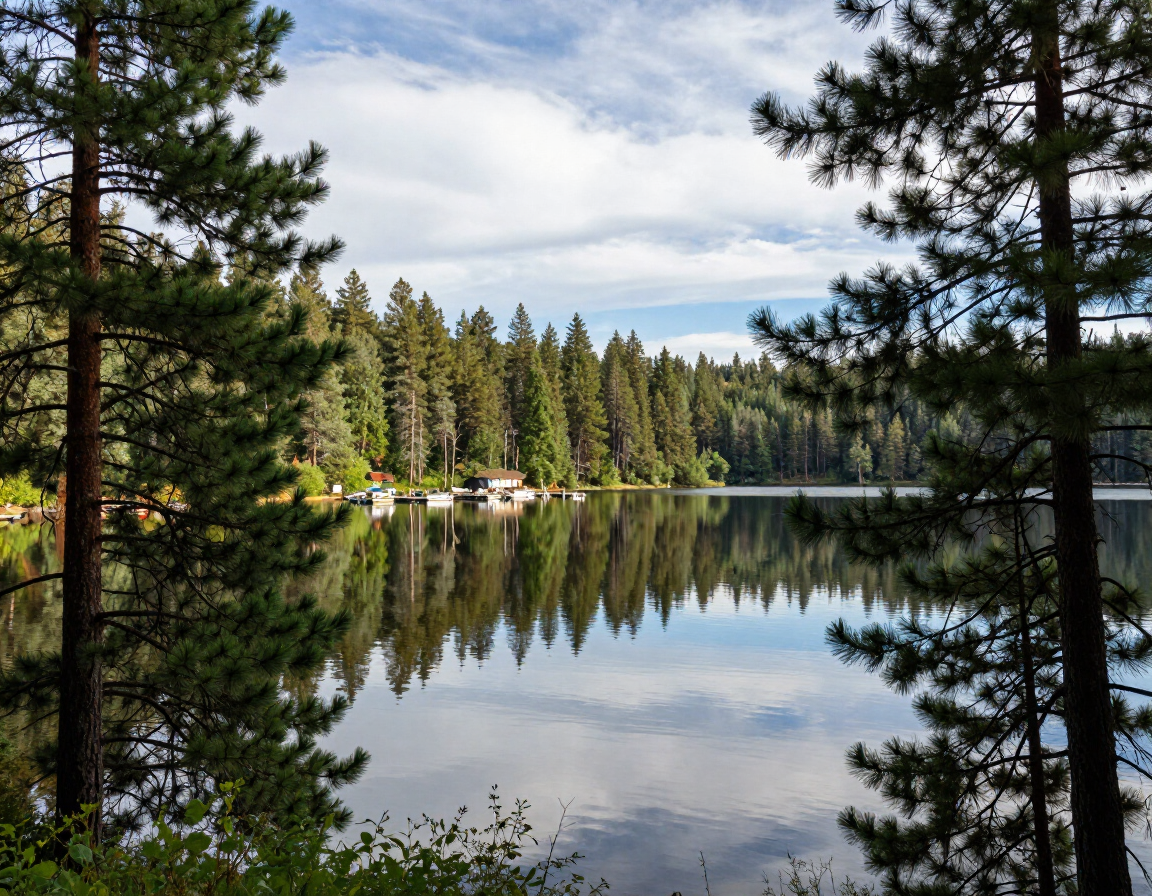 Forest lake with pine trees and calm water reflecting the cloudy sky