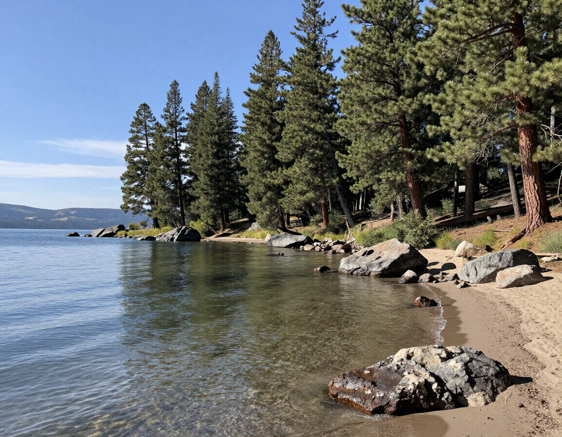 Clear lakeshore with pine trees, sandy beach, and calm blue water under a bright sky.