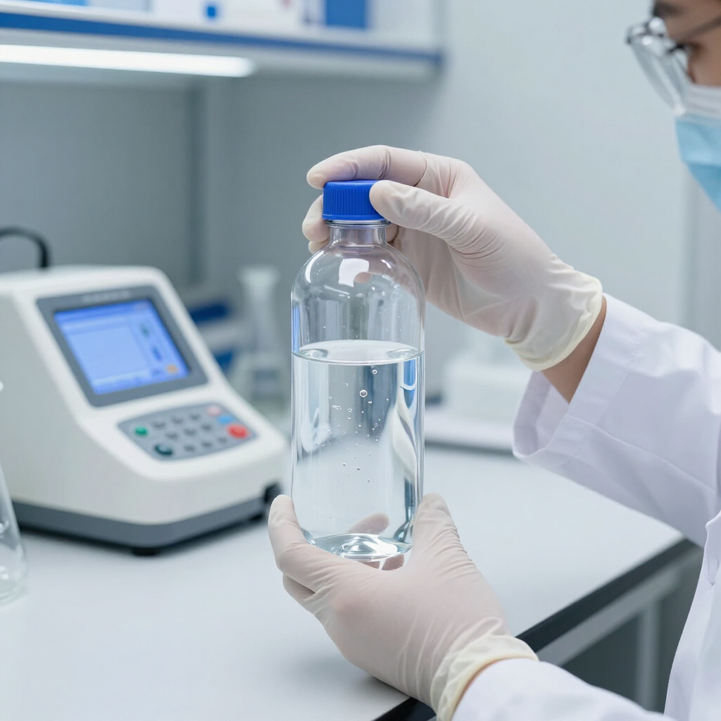 Gloved lab technician holding a clear sample bottle beside a lab analyzer