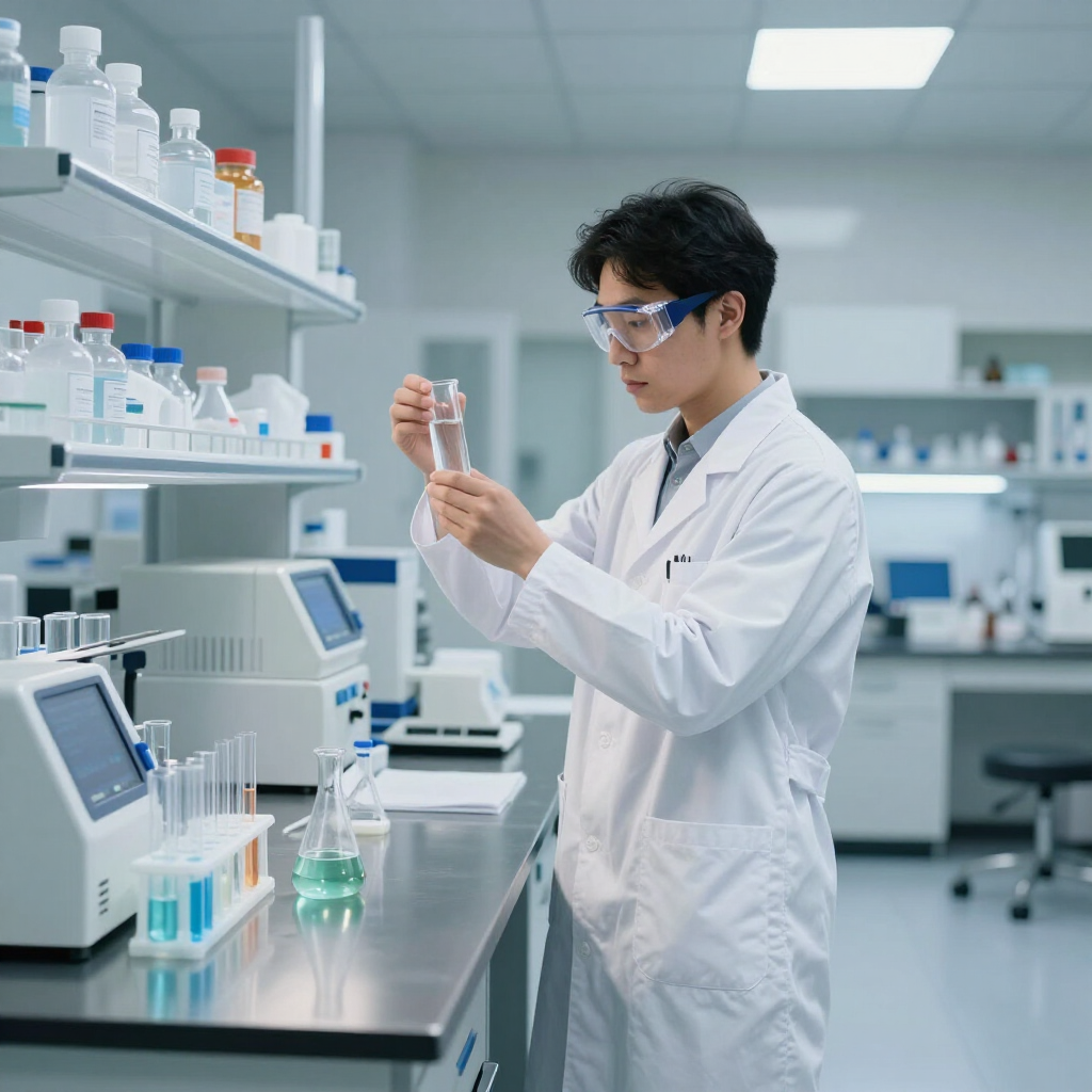 Scientist in a white lab coat examining a sample in a modern laboratory