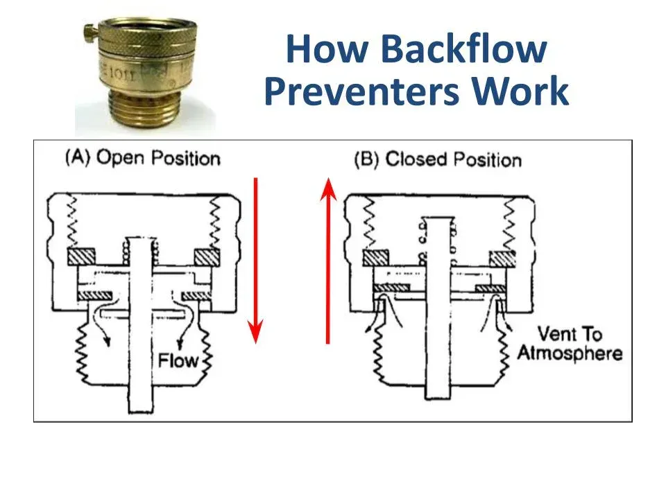 Diagram showing how backflow preventers work in open and closed positions.