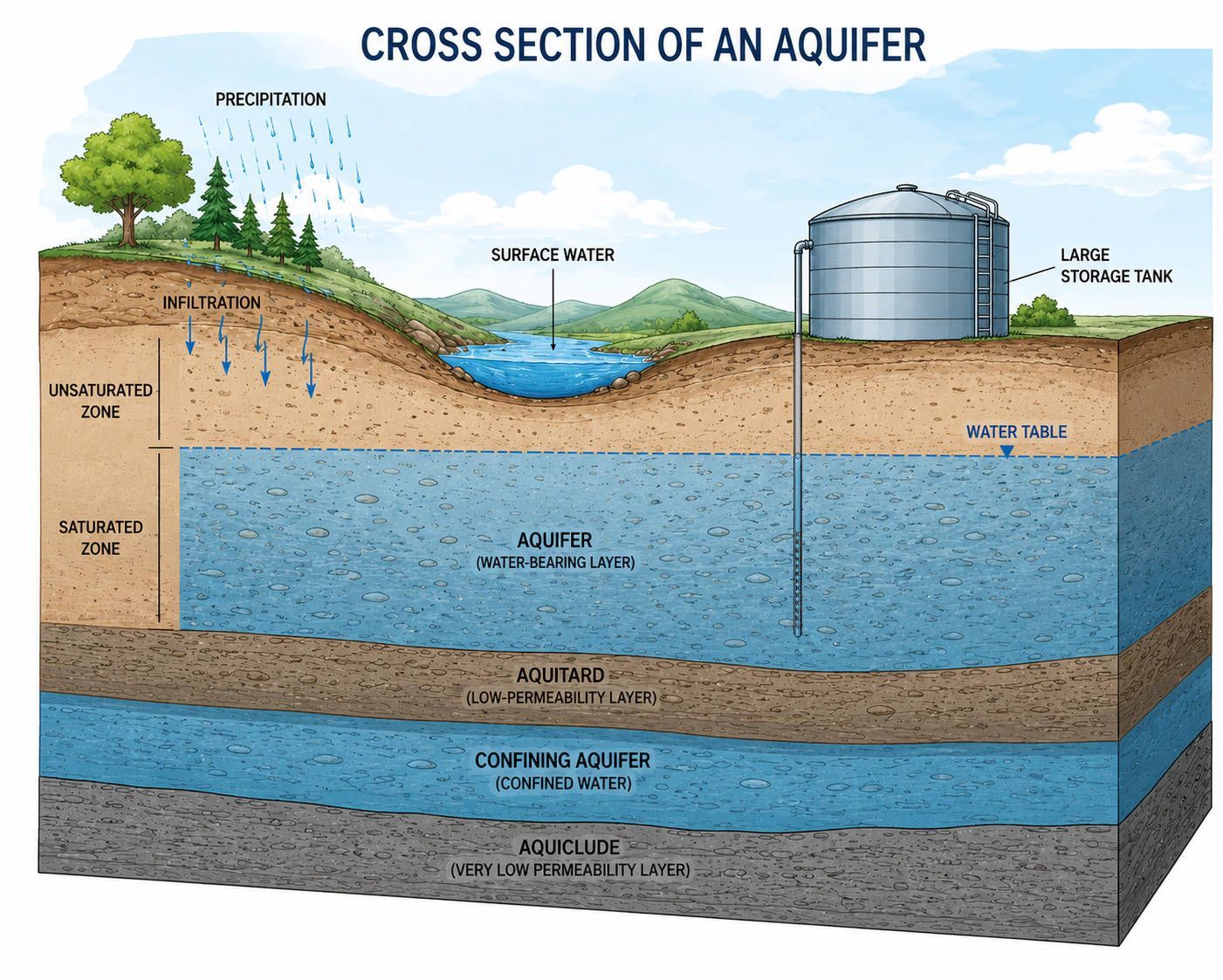 Cross-section of an aquifer showing soil layers, groundwater, a spring, and a pumping well.