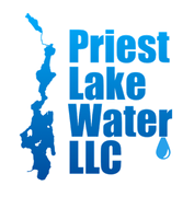 Priest Lake Water LLC logo in blue with a stylized water drop and lake outline