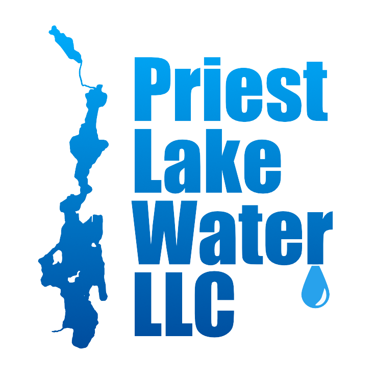 Priest Lake Water LLC logo in blue with a stylized water drop and lake outline