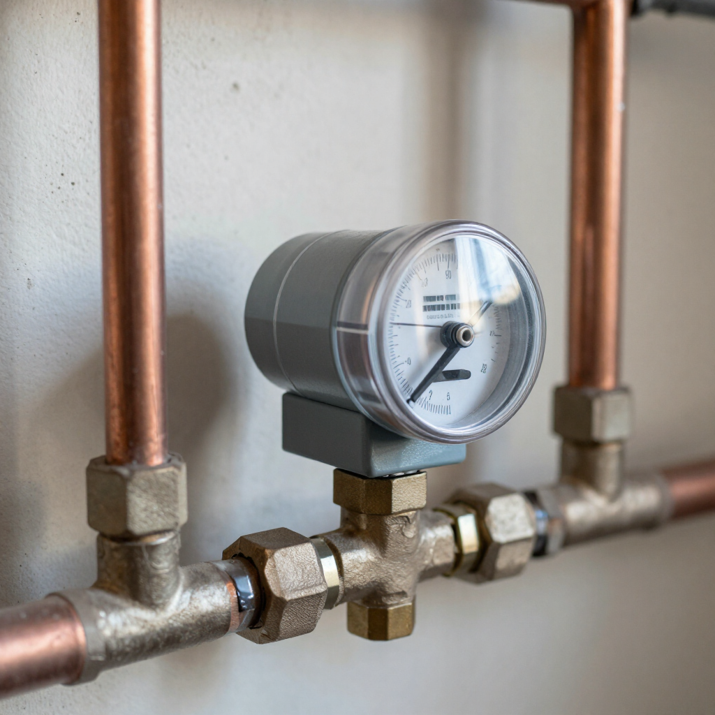 Pressure gauge mounted on copper pipes in a plumbing system