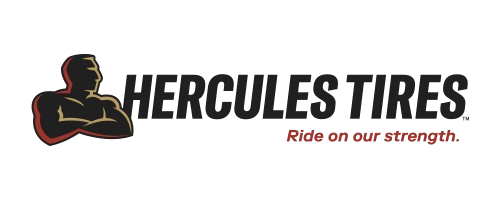The logo for hercules tires shows a man with his arms crossed.