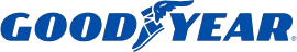 A blue and white logo for good year on a white background