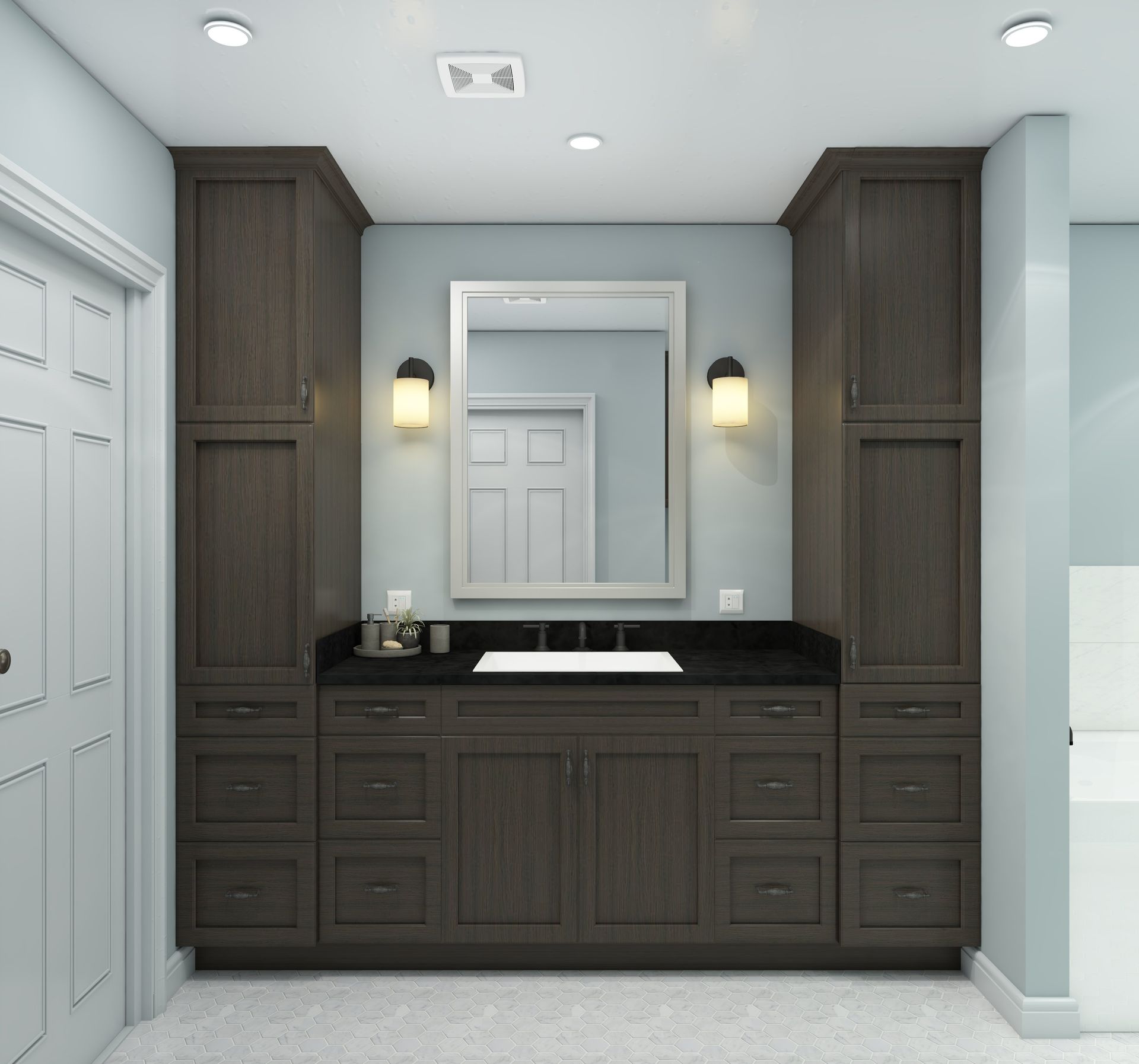 Tulsa Bathroom remodel spa shower stained glass mosaic tile inset marble floor gothic black granite counter