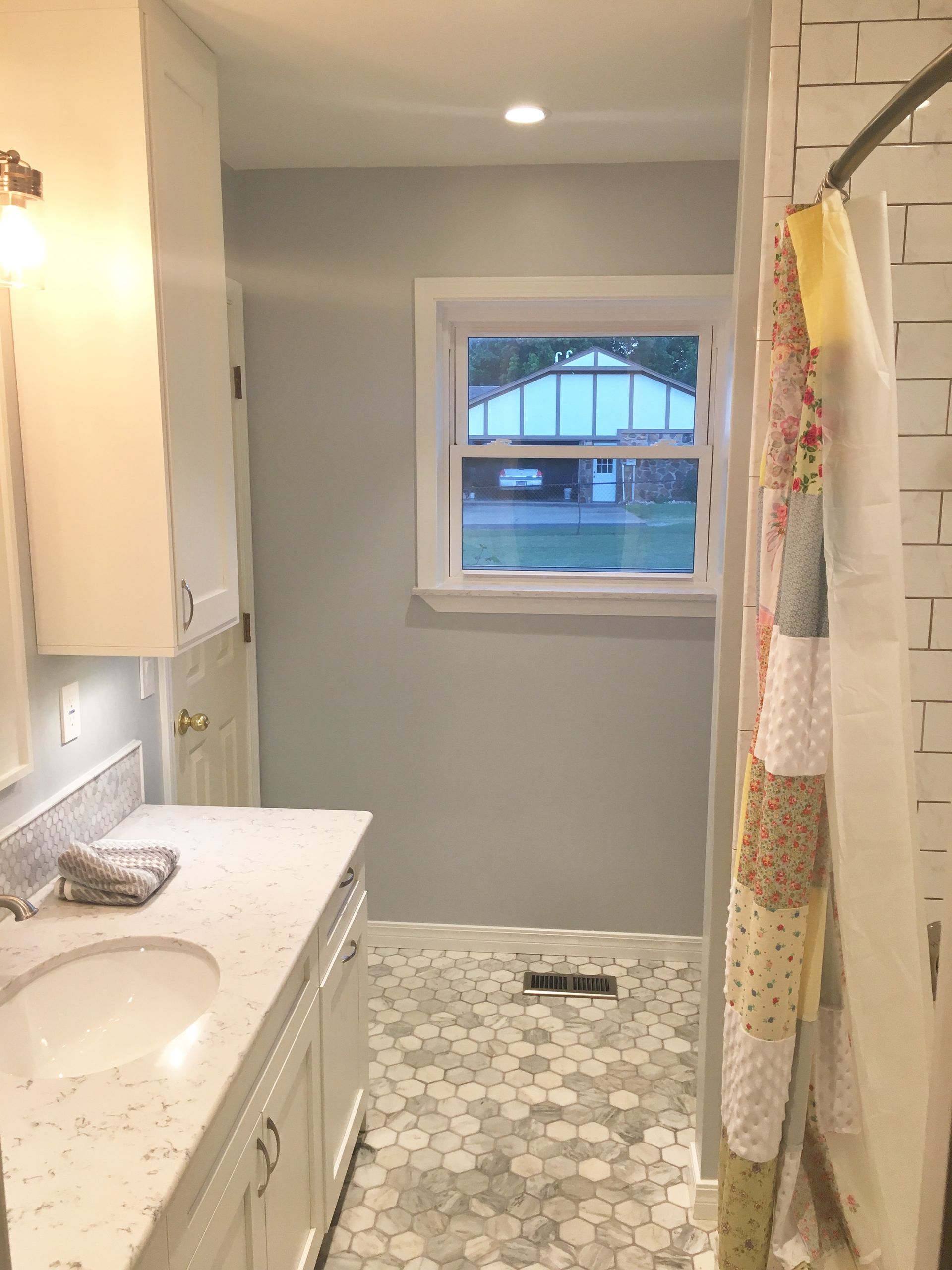Broken Arrow Bathroom Remodel Quartz Countertop Custom Cabinets Marble Floor Tile