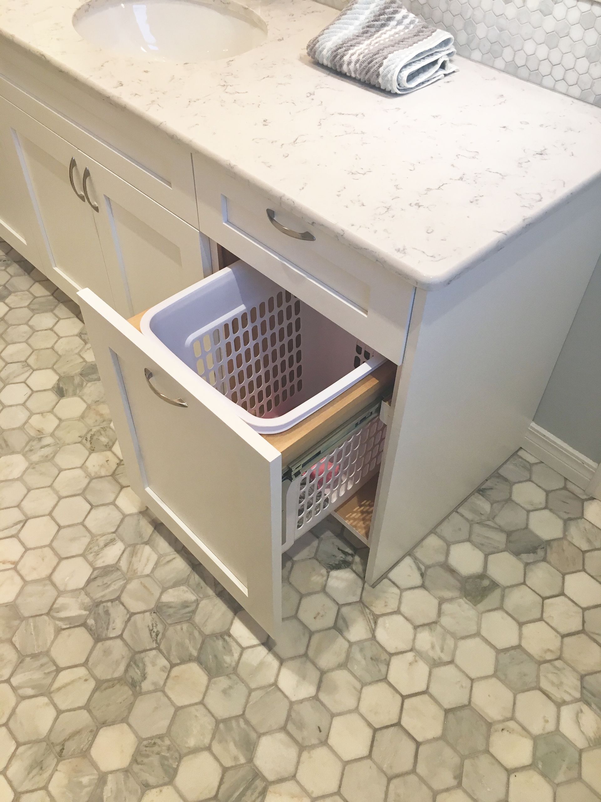 Broken Arrow Bathroom Remodel Quartz Countertop Custom Cabinets Marble Floor Tile