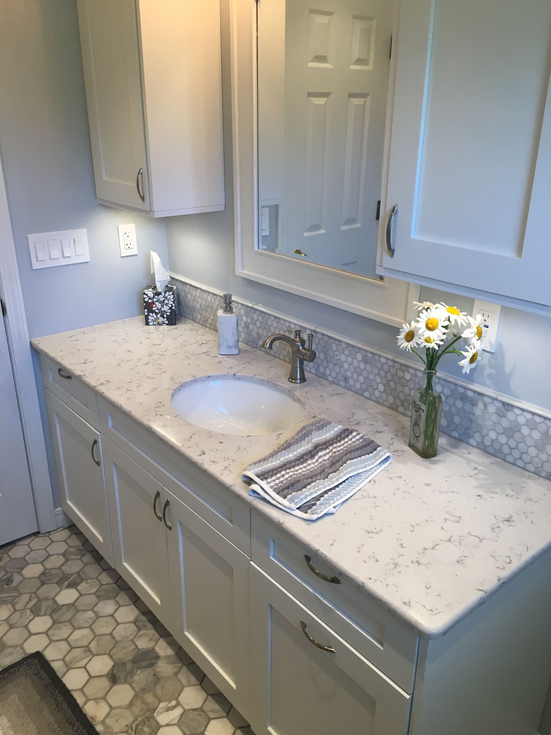 Owasso Bathroom Remodel Quartz Countertop Custom Cabinets Marble Floor Tile