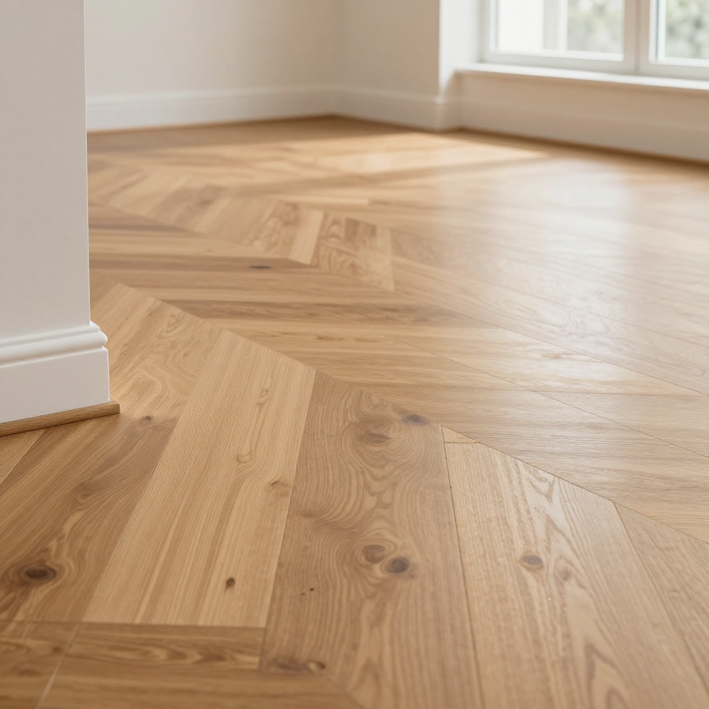 Bright empty room with light wood herringbone flooring and large windows.