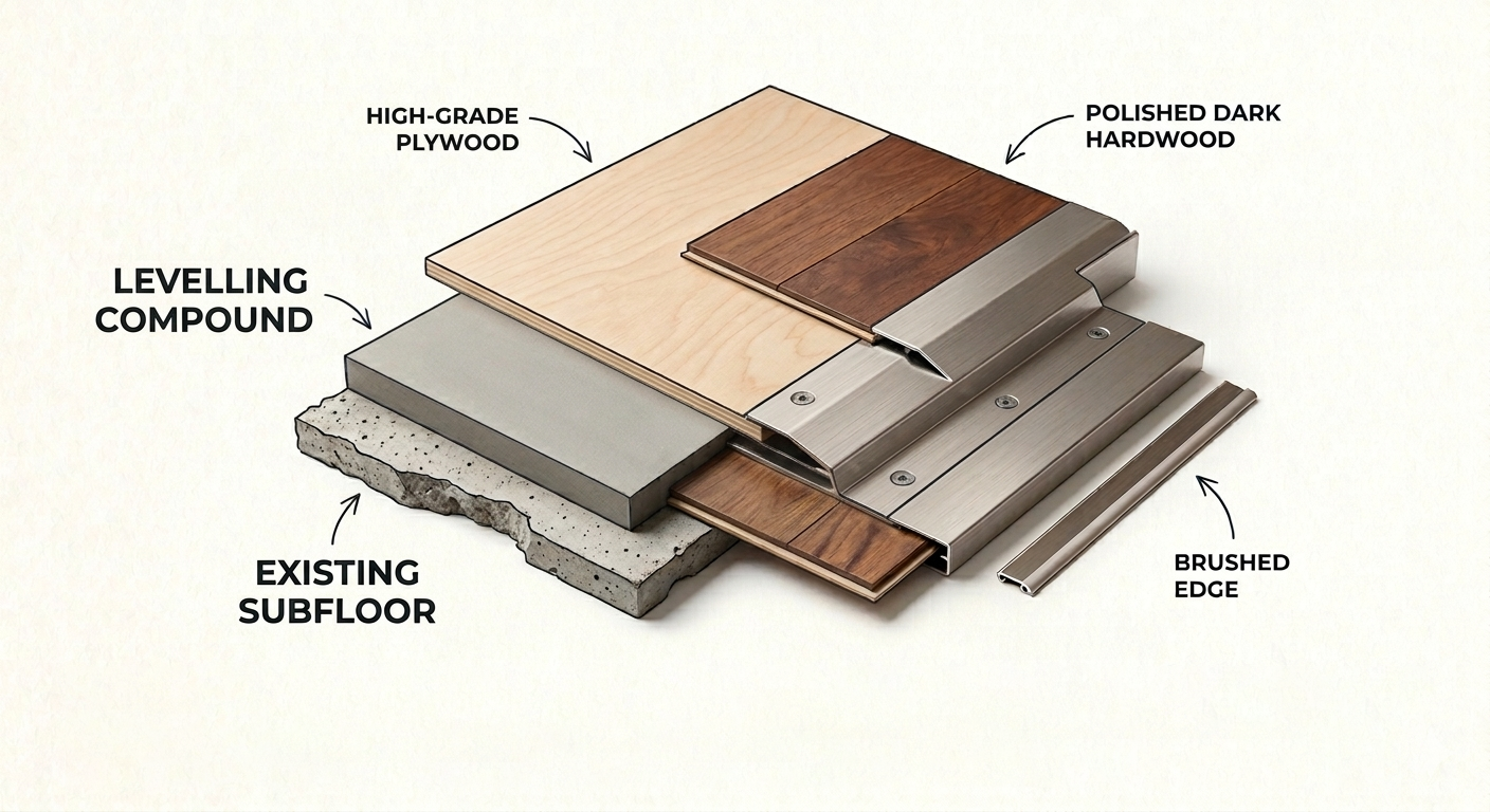Exploded diagram of a wood floor installation over leveling compound and existing subfloor
