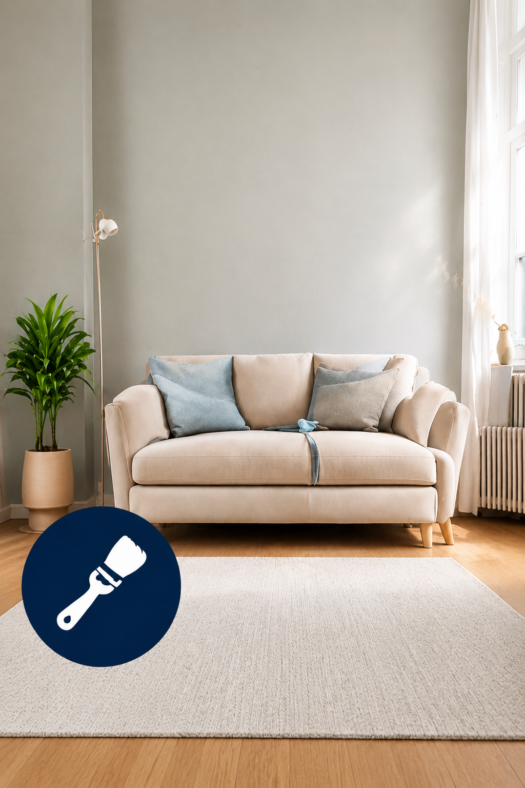 Minimalist living room with beige sofa, blue pillows, plant, rug, and window light
