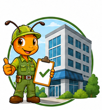 Smiling cartoon worker in green uniform holding a checklist, standing beside a modern office building.