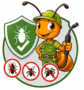 Cartoon pest control worker with sprayer beside green shield and crossed-out insects.