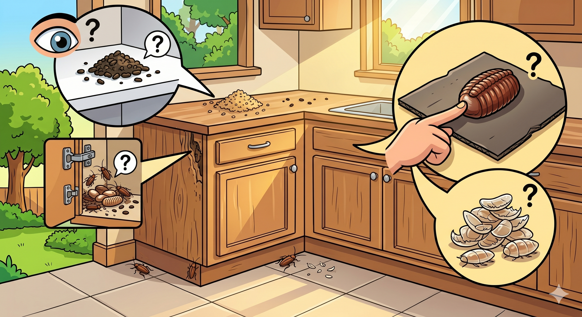 Kitchen scene with a hand brushing crumbs into a dustpan and callouts showing spills and a scrub brush
