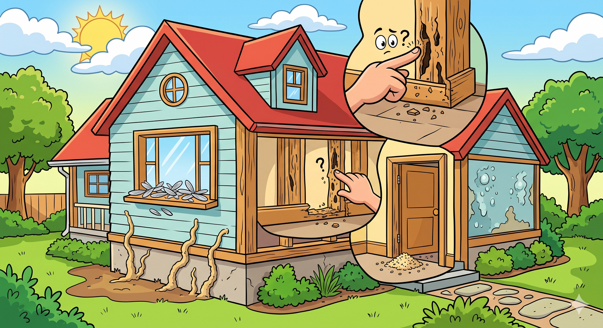 Cartoon house with a cat on the roof, wooden porch, blue siding, and sunny garden surroundings