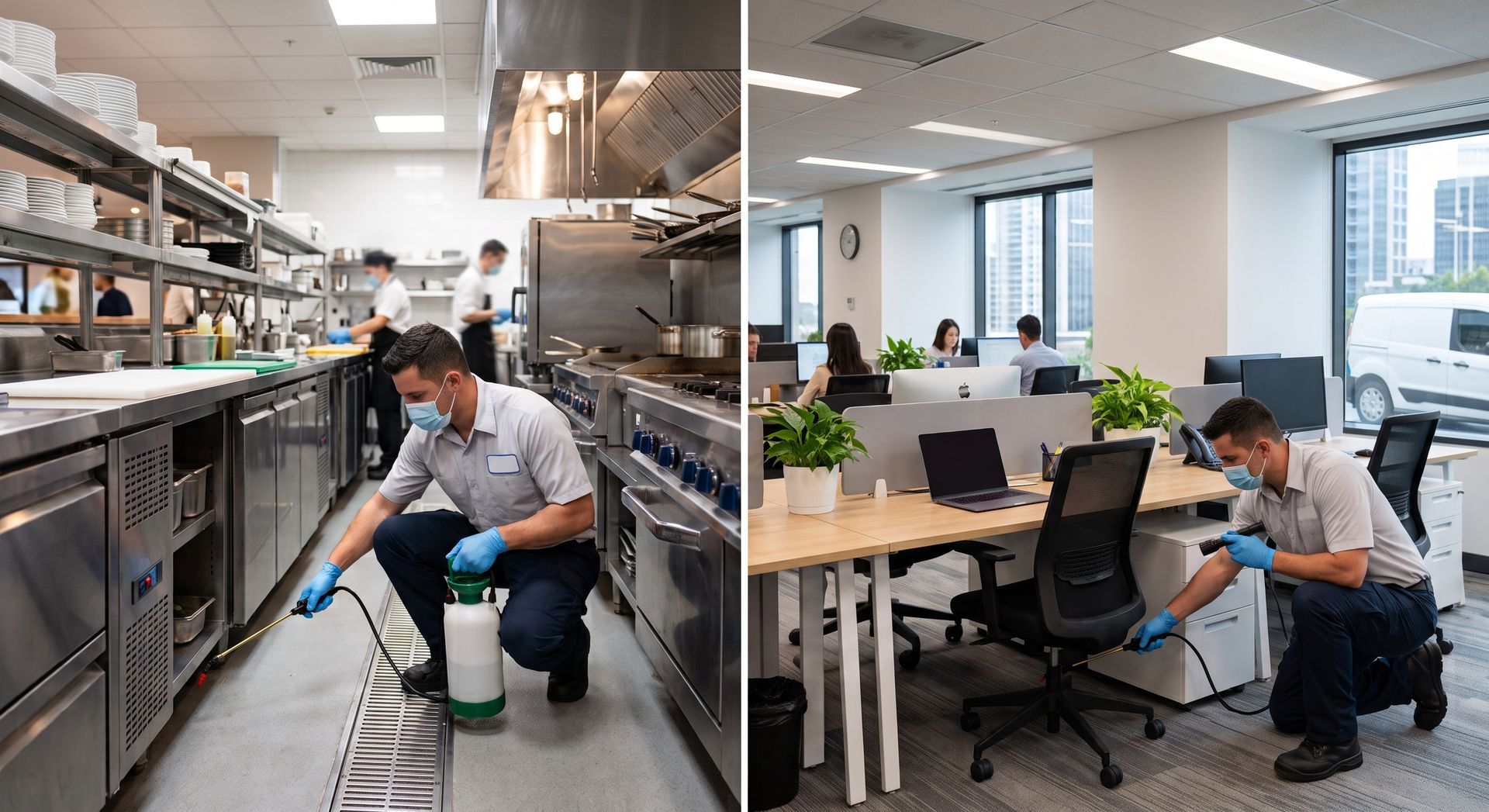 Commercial kitchen and office split view: man cleaning floor on left, office workers at desks on right