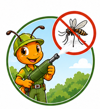 Cartoon gardener spraying a mosquito inside a red no-pest symbol, with green trees in the background