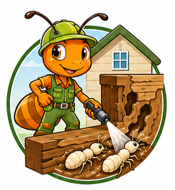 Cartoon ant in green overalls spraying termites in a wooden beam beside a house