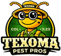 Texoma Pest Pros logo with a smiling cartoon insect in green and yellow, wearing a hat and glasses.