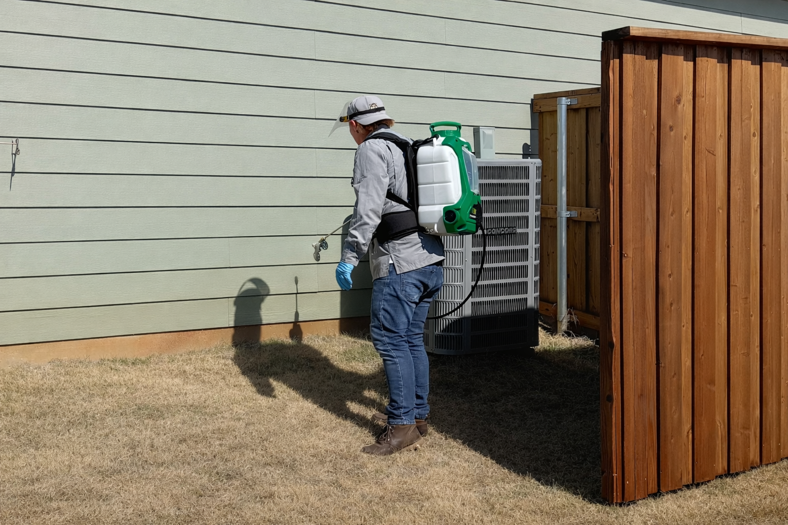 Worker in protective gear spraying pesticide beside a house wall and wooden fence.