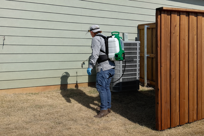 Worker in white protective gear spraying pesticide beside a house and wooden fence.
