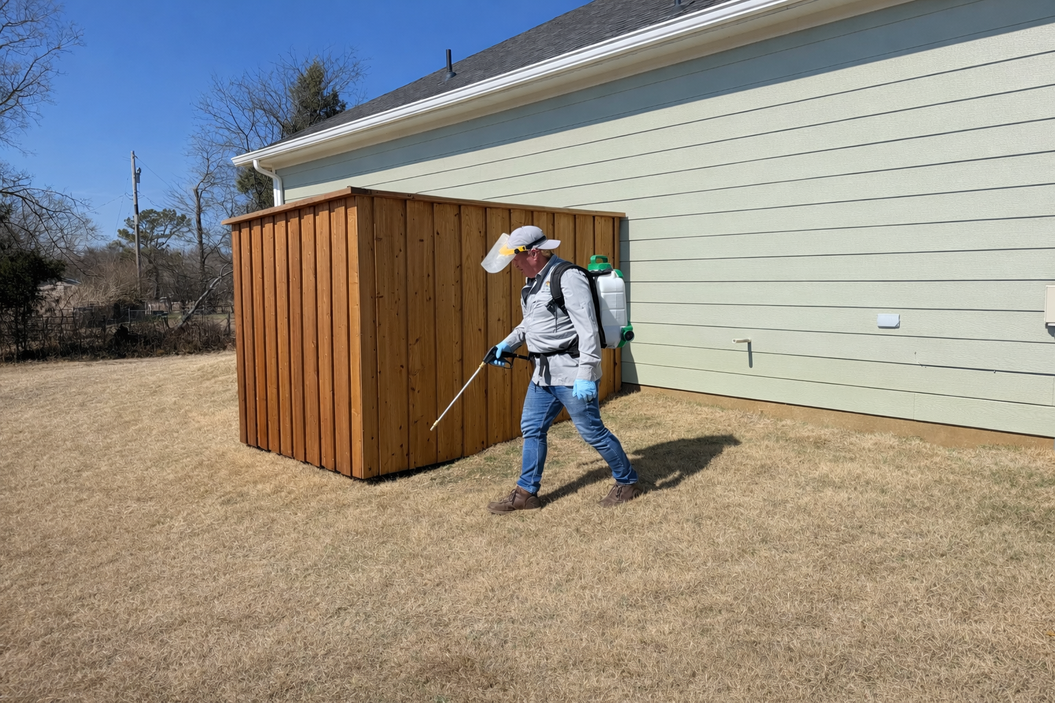 Worker spraying a wooden shed beside a house in a dry yard