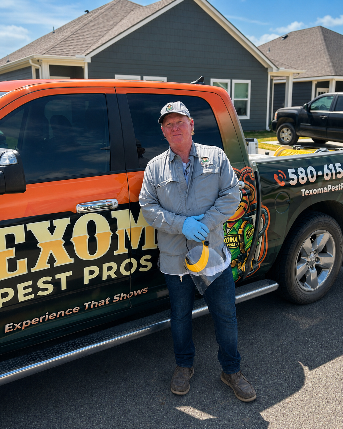Worker standing beside orange-and-black Exxon Pest Pros truck in a suburban driveway