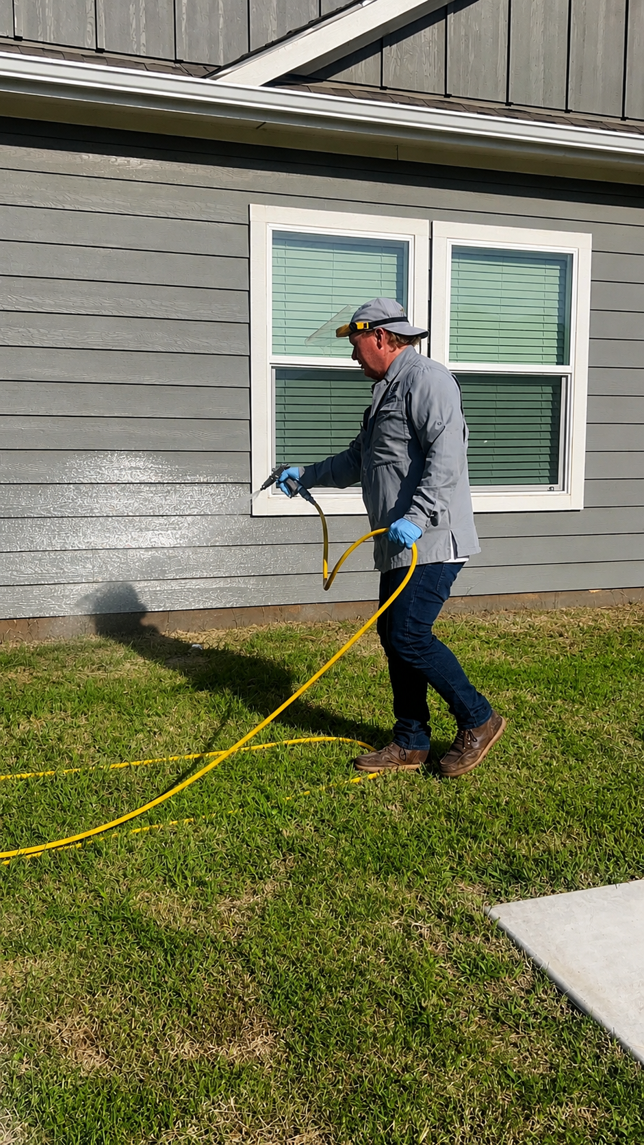 Person pressure washes the side of a gray house beside a window and grassy yard.